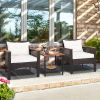 Rattan Furniture Set with Acacia Wood Tabletop & White Cushions