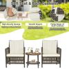 Rattan Furniture Set with White Cushioned Sofas and Wood Table Top