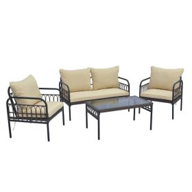 Wicker Conversation Set with Soft Cushions and Tempered Glass Coffee Table