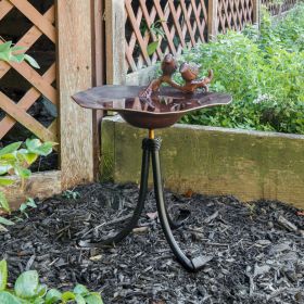 Antiqued Birdbath with Birds on Tripod Stand