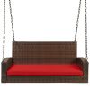 Brown Wicker Hanging Patio Swing Bench with Mounting Chains and Red Seat Cushion