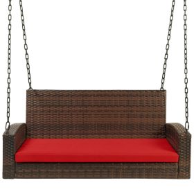 Brown Wicker Hanging Patio Swing Bench with Mounting Chains and Red Seat Cushion