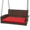 Brown Wicker Hanging Patio Swing Bench with Mounting Chains and Red Seat Cushion