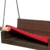 Brown Wicker Hanging Patio Swing Bench with Mounting Chains and Red Seat Cushion