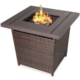 50,000 LP Brown Resin Wicker Fire Pit Using Propane with Faux Wood Tabletop and Cover