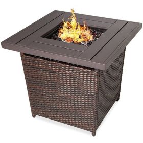 Resin Wicker Fire Pit with Faux Wood Tabletop and Cover