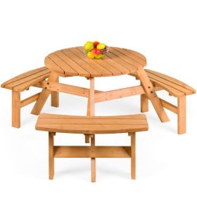 Round Wood Picnic Table Bench Set with Umbrella Hole