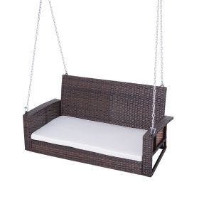 Espresso Wicker Porch Swing with Hanging Chain & Cream Padded Cushion