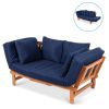 Acacia Wood Convertible Sofa Futon with 4 Removable Navy Blue Pillows