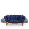 Acacia Wood Convertible Sofa Futon with 4 Removable Navy Blue Pillows