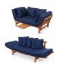 Acacia Wood Convertible Sofa Futon with 4 Removable Navy Blue Pillows