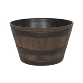 Round Whiskey Barrel Planter in Aged Walnut Finish Resin