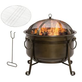 Wood Burning Fire Pit with Cauldron Style Steel Bowl & BBQ Grill, Log Poker, and Mesh Screen Lid