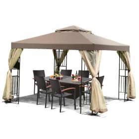 Patio Gazebo with Taupe Brown Canopy and Mesh Sidewalls