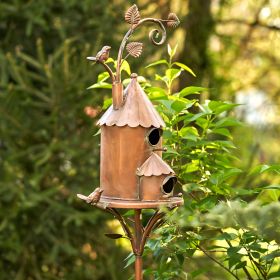 Two Story Farmhouse Copper Color Birdhouse Stake