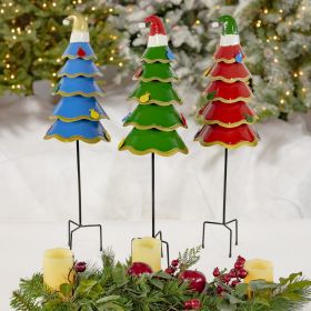 Set of 3 Assorted Colorful Santa Hat Wearing Christmas Tree Yard Stakes