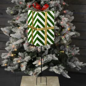 Green & White Striped Gift Box with Red Bow Iron Christmas Stake