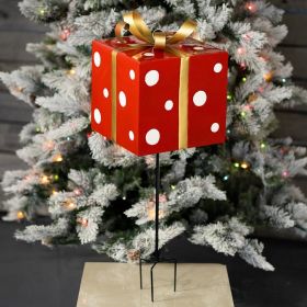 Red & White Polka Dot Gift Box with Gold Bow Iron Christmas Stake