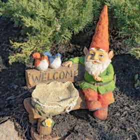 Tall Spring Garden Gnome with Welcome Sign, Birds and Birdbath