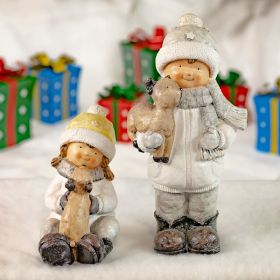 Tushka Snow Children in White Holding Baby Reindeer