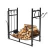 Black Metal Firewood Rack with Poker, Shovel, Tongs and Broom