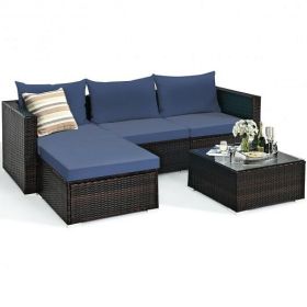 5 Pieces Patio Rattan Sectional Furniture Set with Cushions and Coffee Table -Navy (Color: Turquoise)