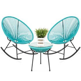 3-Piece Oval Patio Woven Rocking Chair Bistro Set (Color: Teal)