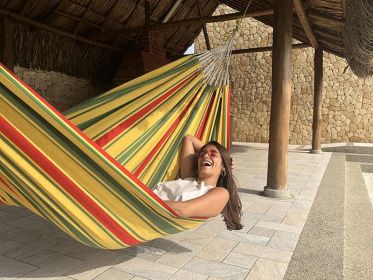 Premium Brazilian Style Double Hammock (Color: Yellow, Green & Red Stripes)