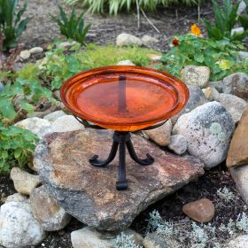 12" Crackle Glass Birdbath with Tripod Stand (Color: Mandarin)