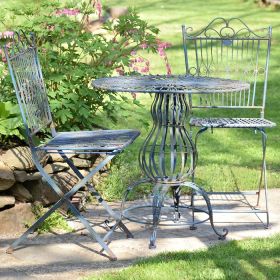 Three Piece Metal Bistro Set with Two Folding Chairs & One Round Table (Color: Cobalt Blue)