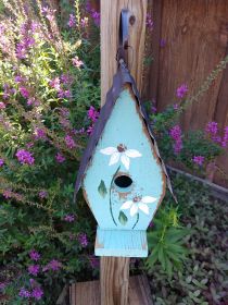 A Frame Birdhouse with Handpainted Flowers & Metal Roof (Style: Turquoise w/White Flowers)