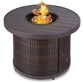 50,000 BTU Wicker Round LP Gas Propane Fire Pit with Faux Wood Tabletop and Cover (Color: Brown)