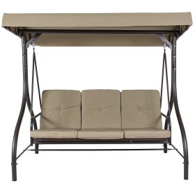 Adjustable 3-Seat Canopy Swing with Cushions (Color: Tan)