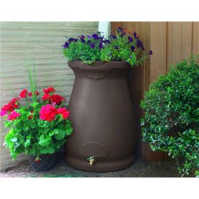 65-Gallon Plastic Urn Rain Barrel with Planter Top (Color: Brown)