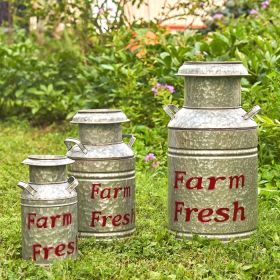 Set of 3 Galvanized Old Style Milk Jug Planters (Color: Red)