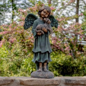 "Kaileigh" the Magnesium Angel Statue Holding Dog (Color: Bronze)