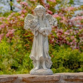 "Sopia" the Magnesium Angel Statue Holding Bouquet (Color: White)