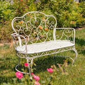 "Esme" Iron Garden Bench with Heart Designs (Color: Antique White)